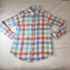 St. John's Bay Button Up Top Woman's Large Pastel‎ Plaid Long Sleeve 100% Cotton